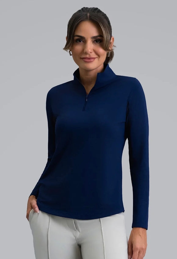 Ibkul Women's Solid Navy Zip Mock Sun Shirt Size L MSP$94