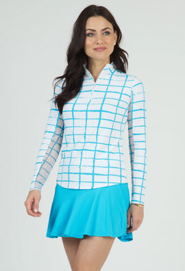 Ibkul Cordova Print Long Sleeve Mock Neck Sun Shirt - Turquoise Size M MSP$100