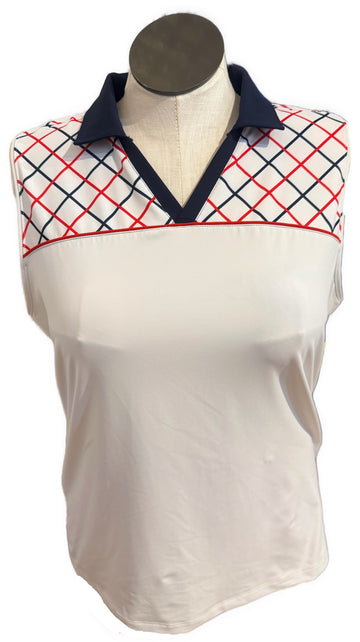 Lady Hagen Women's White Sleeveless Golf Top w/Red & Navy Patterns Size XL