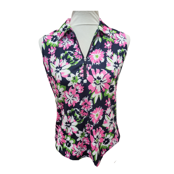 Jofit Navy, Hot Pink & Lime Floral Sleeveless Golf Polo SIze S