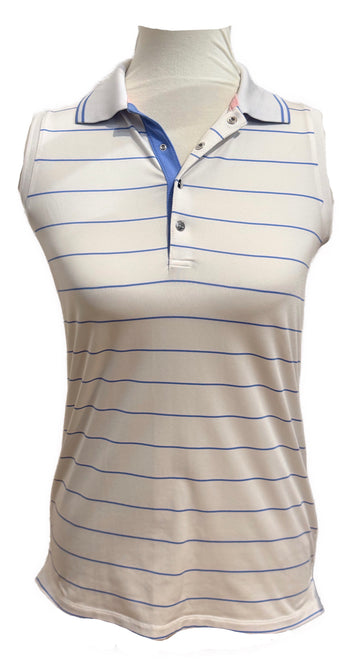 Ralph Lauren White & Pale Blue Striped Sleeveless Polo Size S