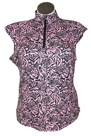 San Soleil Women's Pink & Black Floral Cap Sleeve Golf Top Size XL