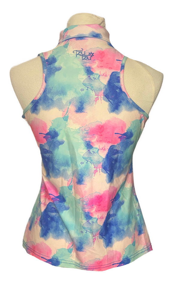 Tzu Tzu Women's Teal & Pink Watercolor Print Sleeveless Golf Top Size M