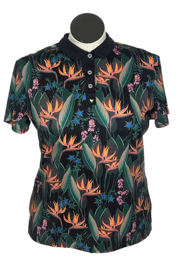 Bad Birdie Women's Black Birds of Paradise Short Sleeve Golf Polo Size XL MSP$78
