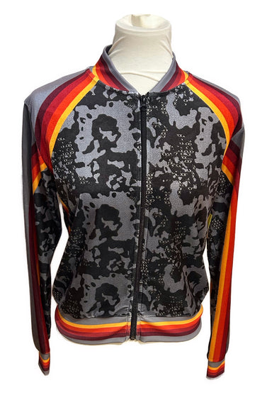 Lucky in Love Faux Velvet Gray Quad Athletic Stripe Full Zip Jacket