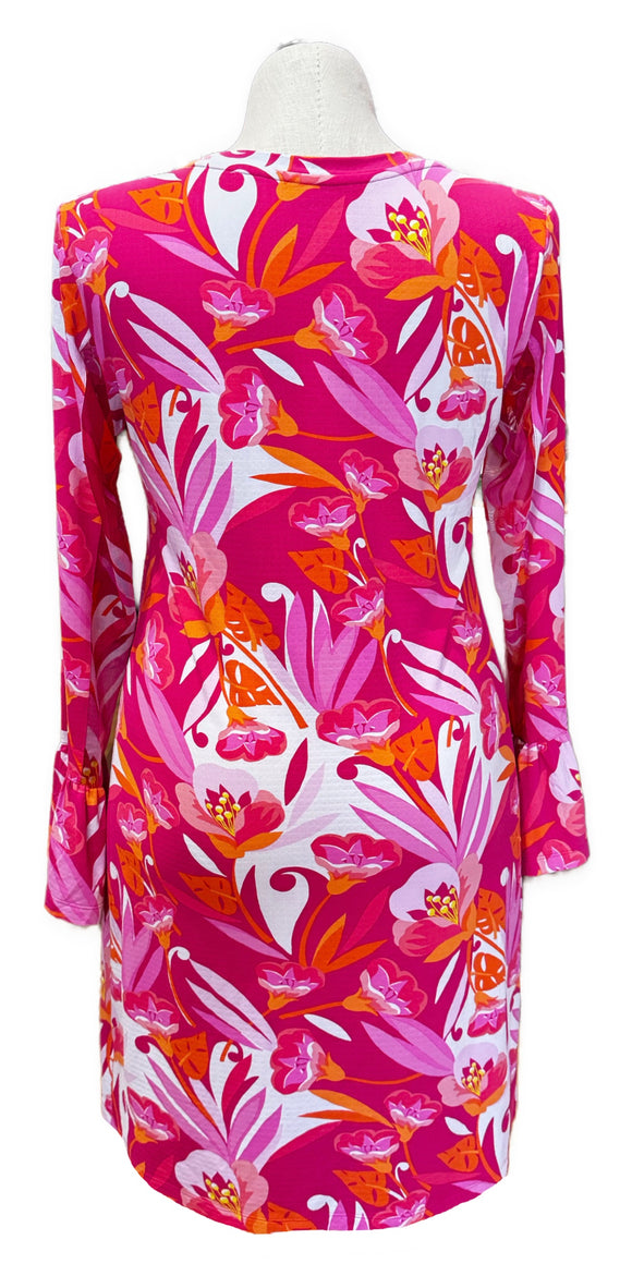 New Ibkul Crew Neck Dress w/ Bell Sleeves - Caroline Pink Combo MSP$118