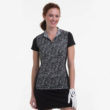 New EP NY Cap Sleeve Scrolling Snakeskin Golf Polo - Black MSP$88