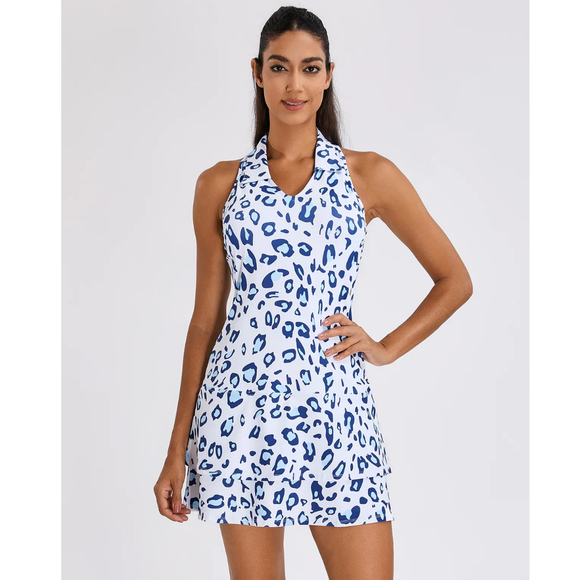 New Soneven Blue Leopard V-Neck Racerback Sleeveless Dress Size M