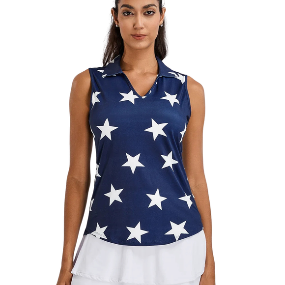 Soneven White Stars on Dark Blue V-Neck Sleeveless Polo Size M