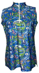 Katherine Way Blue Golfer Print Sleeveless Golf Top Size S MSP$128-1