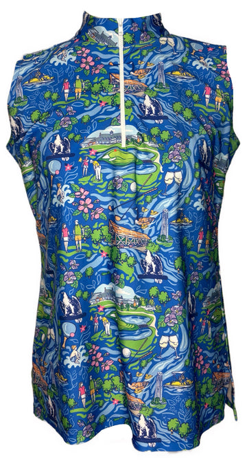 Katherine Way Blue Golfer Print Sleeveless Golf Top Size S MSP$128