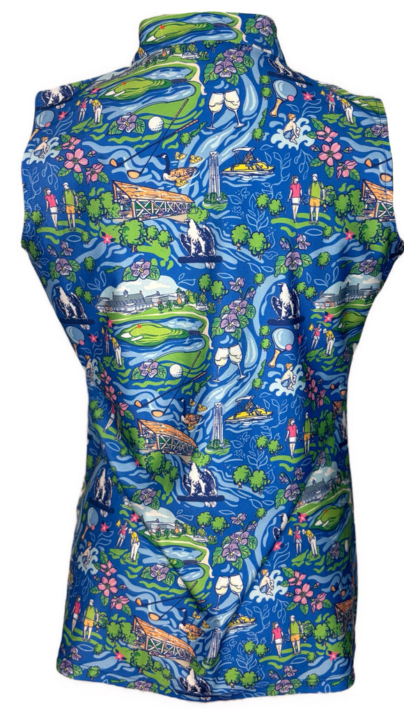 Katherine Way Blue Golfer Print Sleeveless Golf Top Size S MSP$128