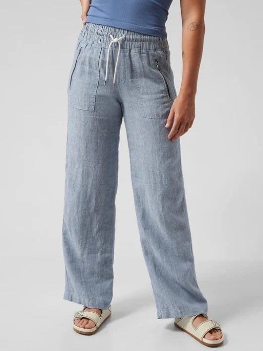 New Athleta Women's Light Blue Cabo Linen Wide Leg Pant Size 12 MSP$79