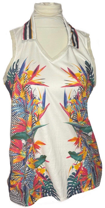Lucky in Love Women's White, Navy & Pink Tropical Sleeveless Golf Top Size M