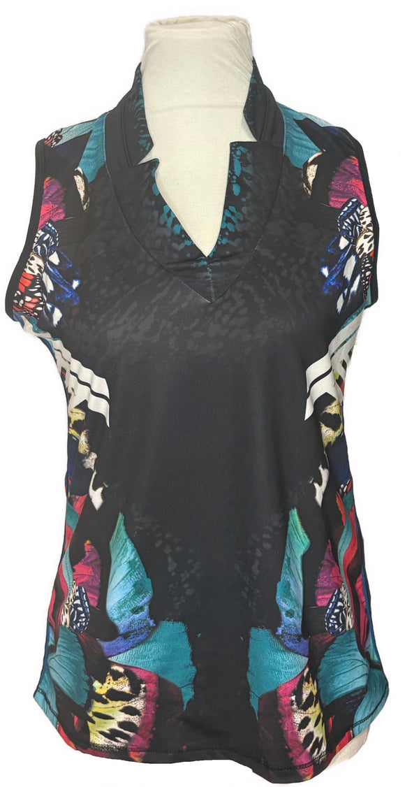 Lucky in Love Women's Black Butterfly Print Sleeveless Golf Top Size M