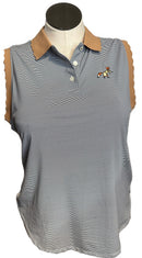 Peter Millar Navy Stripe Polo w/ Tan Scallop Collar & Trim Size XL-1