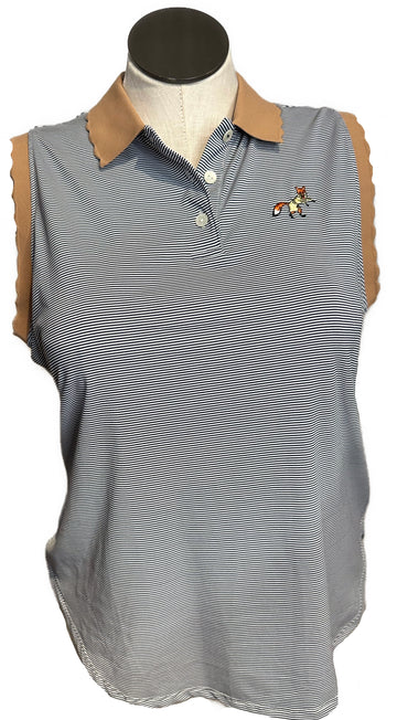 Peter Millar Navy Stripe Polo w/ Tan Scallop Collar & Trim Size XL