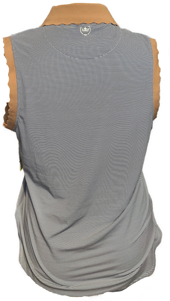 Peter Millar Navy Stripe Polo w/ Tan Scallop Collar & Trim Size XL