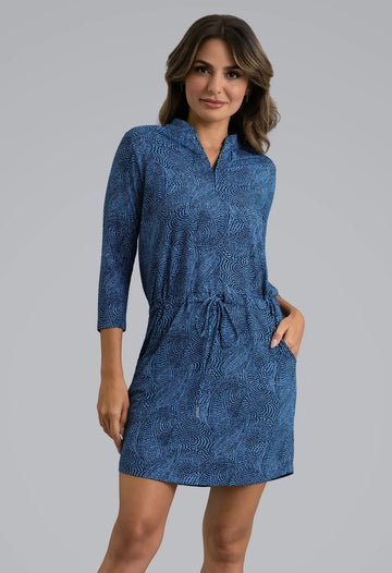 New Ibkul Stephanie 3/4 Sleeve Drawstring Dress - Classic Navy/Peri Size S MSP $132