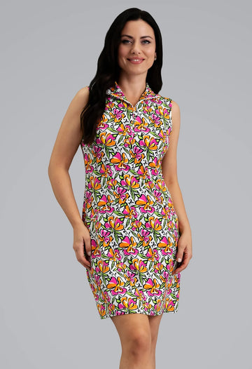 New Ibkul Sonia Sleeveless Mock Neck Dress - Hot Pink/ Orange Peel Size S MSP $132