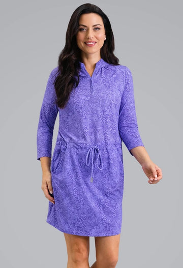 New Ibkul Annie 3/4 Sleeve Drawstring Dress - Plum/Lavender Size S MSP $132