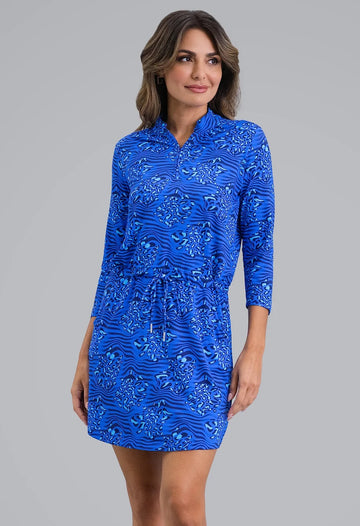 New Ibkul Yun 3/4 Sleeve Drawstring Dress - Blue Size S MSP $132