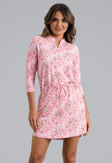 New Ibkul Briana 3/4 Sleeve Drawstring Dress - Peach Size S MSP $132