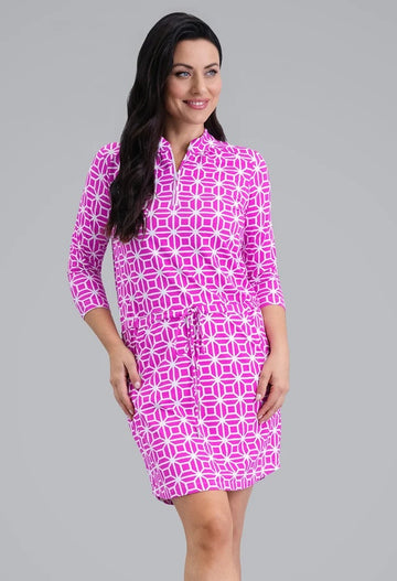 New Ibkul Carolyn 3/4 Sleeve Drawstring Dress -  Hot Pink Size S MSP $132