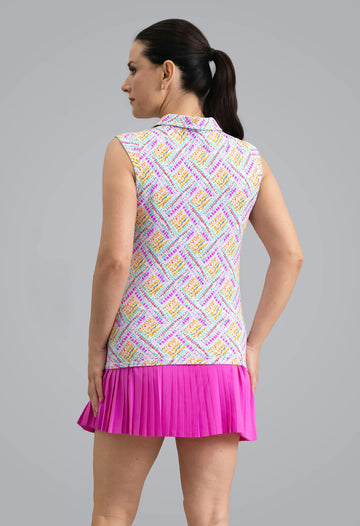 New Ibkul Nina Sleeveless Polo -Hot Pink Multi Size S MSP $96 - 0