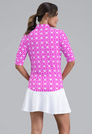 New Ibkul Carolyn Ruched Elbow Sleeve Mandarin Collar Top - Hot Pink  Size S MSP $104-2
