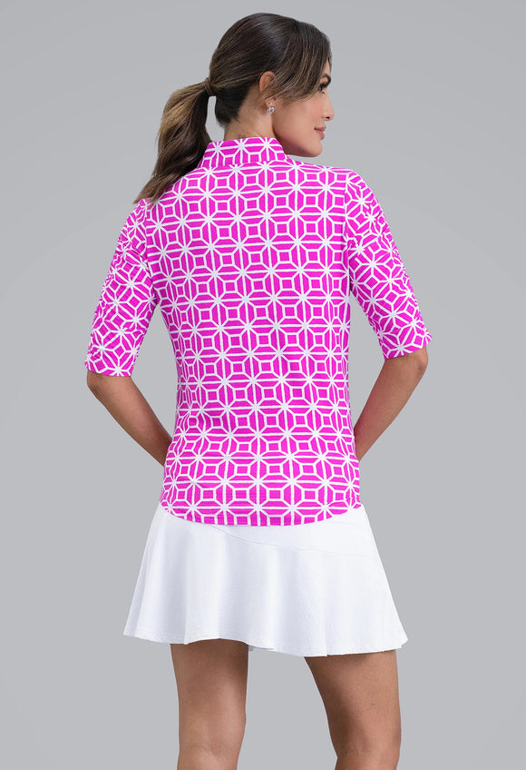 New Ibkul Carolyn Ruched Elbow Sleeve Mandarin Collar Top - Hot Pink  Size S MSP $104