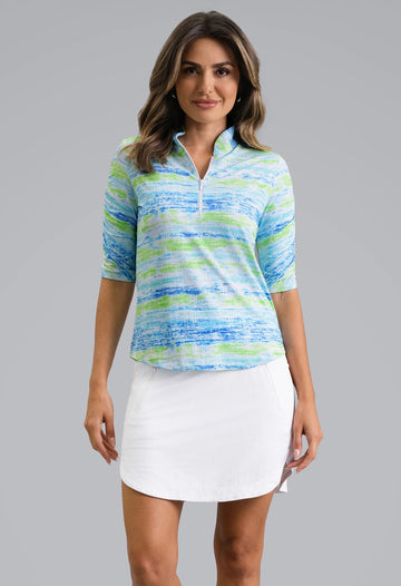 New Ibkul Gia Ruched Elbow Sleeve Mandarin Collar Top - Lime Multi Size S MSP $104