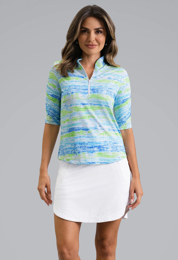 New Ibkul Gia Ruched Elbow Sleeve Mandarin Collar Top - Lime Multi Size S MSP $104