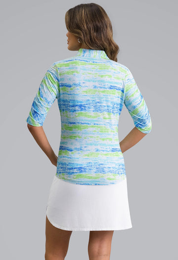 New Ibkul Gia Ruched Elbow Sleeve Mandarin Collar Top - Lime Multi Size S MSP $104 - 0