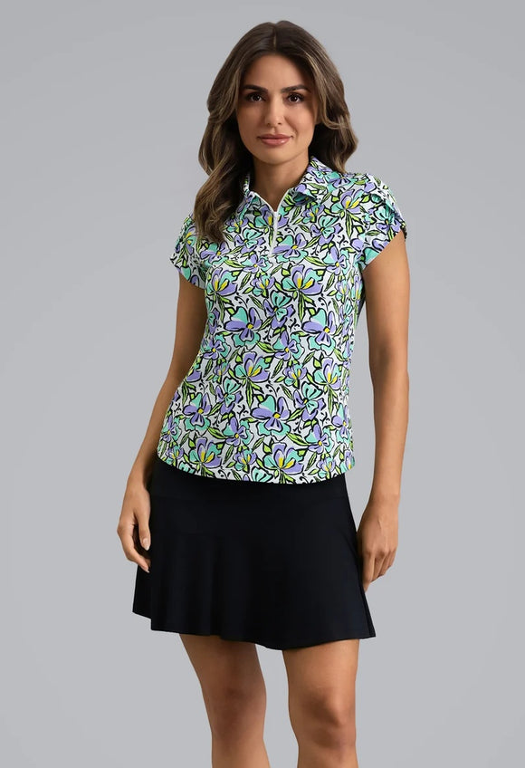 New Ibkul Sonia Women's Tulip Sleeve Top - Jade/Lavender Size S MSP $104