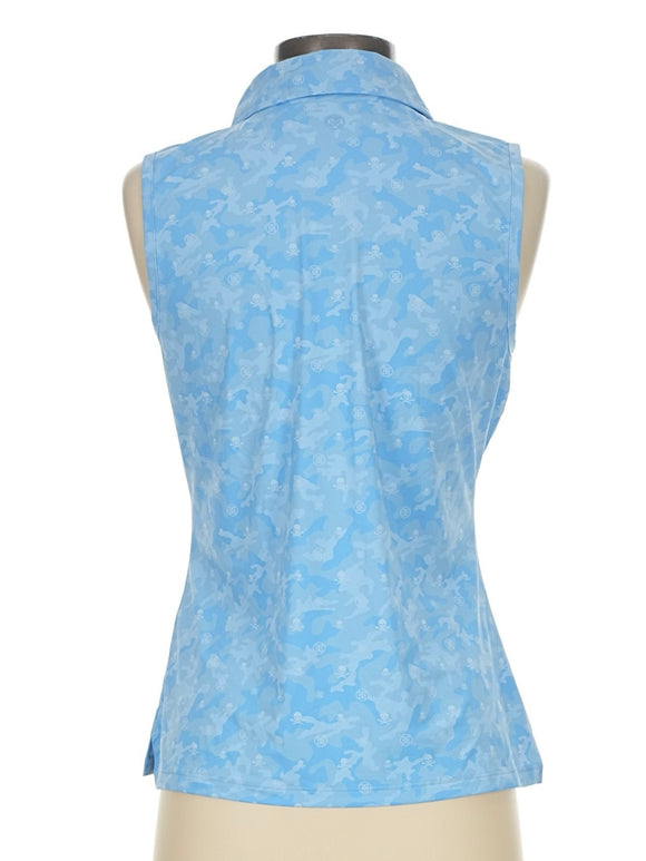 G/Fore Women's Blue Skull Icon Camo Sleeveless Golf Polo Size S MSP$110