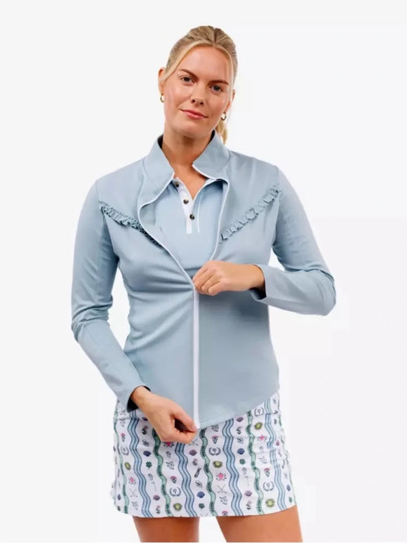 New Smith & Quinn Frankie Ruffle Full-Zip Jacket - Dusty Blue Size L MSP$120