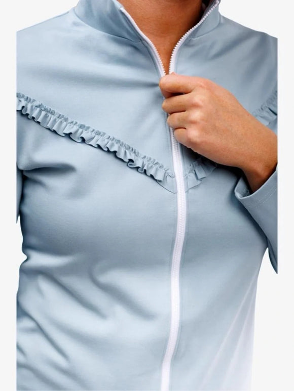 New Smith & Quinn Frankie Ruffle Full-Zip Jacket - Dusty Blue Size L MSP$120