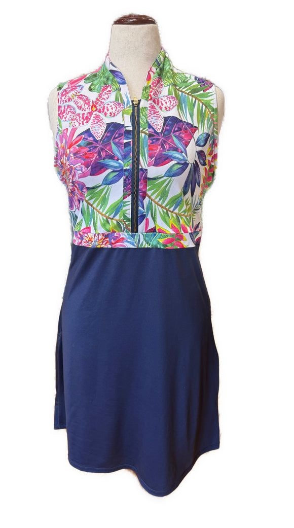 Allie Burke Exotic Floral & Navy Sleeveless Golf Dress Size XL MSP$189