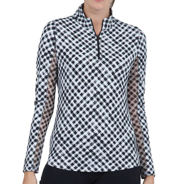 New Ibkul Gingham Check Print Long Sleeve Mock Neck Top MSP $101
