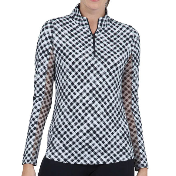 New Ibkul Gingham Check Print Long Sleeve Mock Neck Top MSP $101