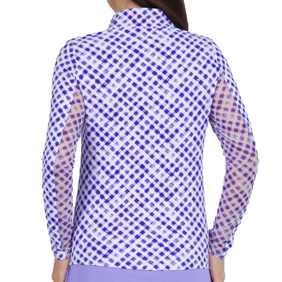 New Ibkul Gingham Check Print Long Sleeve Mock Neck Top MSP $101