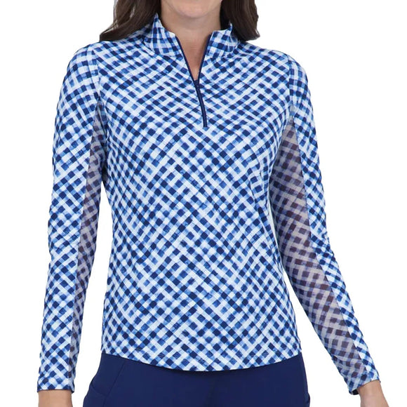 New Ibkul Gingham Check Print Long Sleeve Mock Neck Top MSP $101