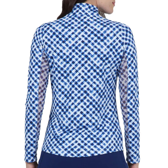 New Ibkul Gingham Check Print Long Sleeve Mock Neck Top MSP $101