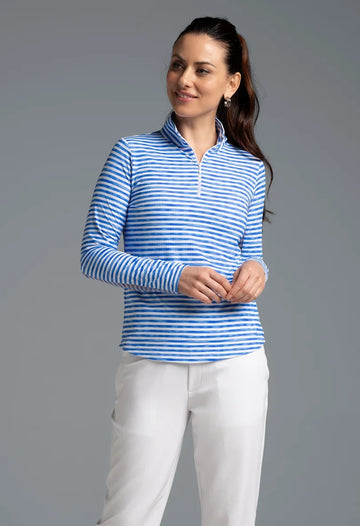 New Ibkul Landon Stripe II Print Long Sleeve Mock Neck Top MSP $105