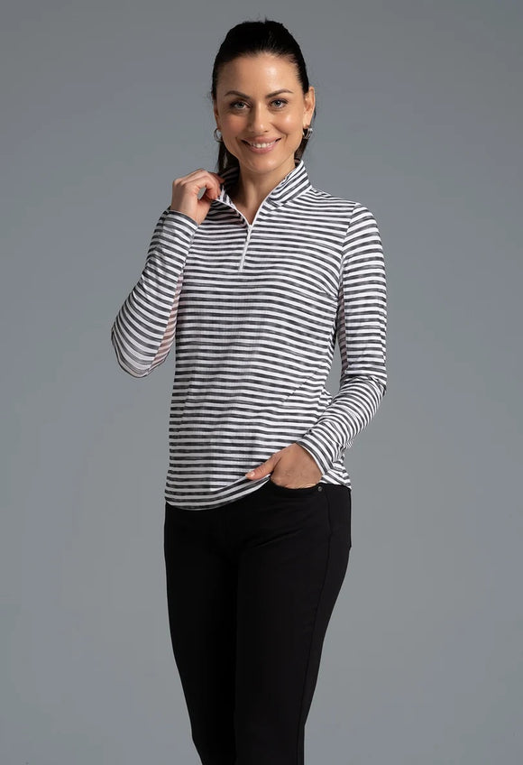 New Ibkul Landon Stripe II Print Long Sleeve Mock Neck Top MSP $105