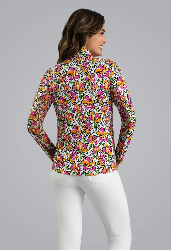 New Ibkul Sonia Long Sleeve Mock Neck Top - Hot Pink/Orange Peel MSP $105