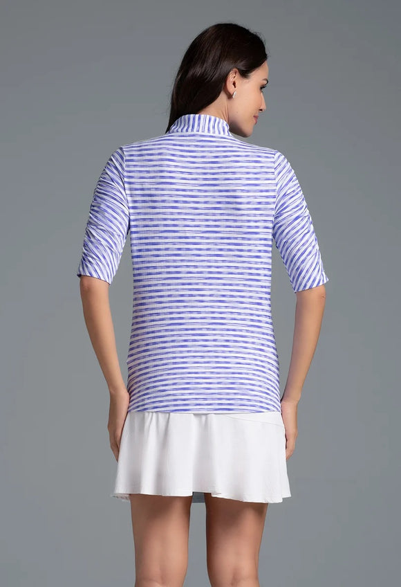 New Ibkul Landon Stripe II Print Ruched Elbow Sleeve Top MSP $104
