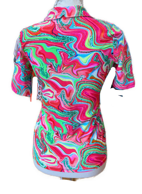 New Tzu Tzu V-neck Half Sleeve Golf Top - Dazzle Size S MSP$99