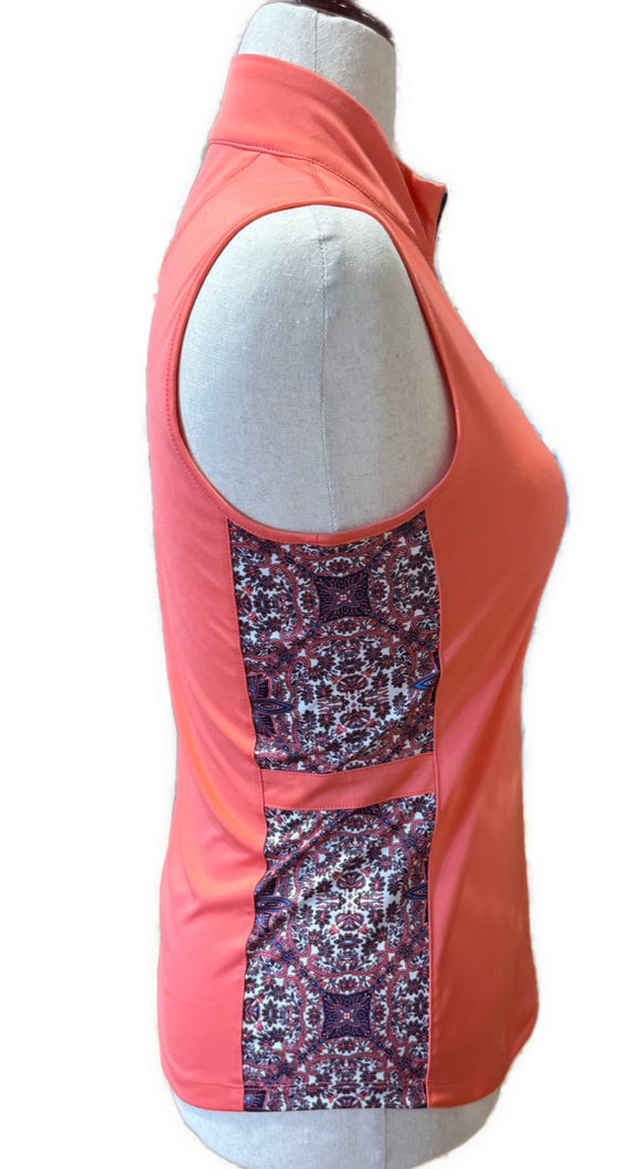 Greg Norman Coral Sleeveless Polo w/ Paisley Side Inserts Size M MSP$75